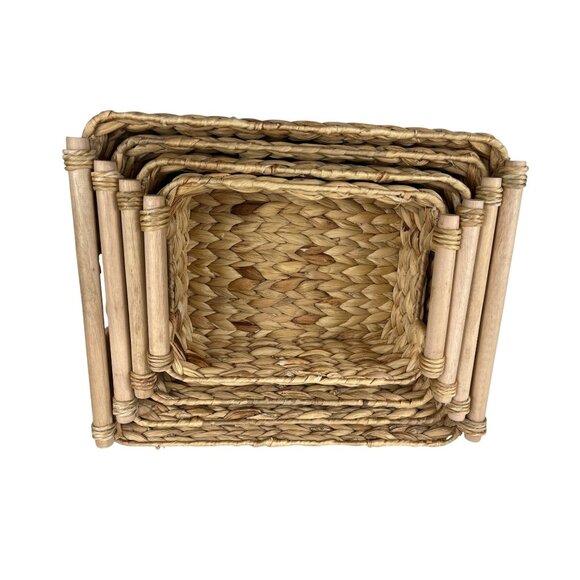 Other - Set Of 4 Handwoven Rectangle Baskets With Wooden Accents Home Storage & Decor